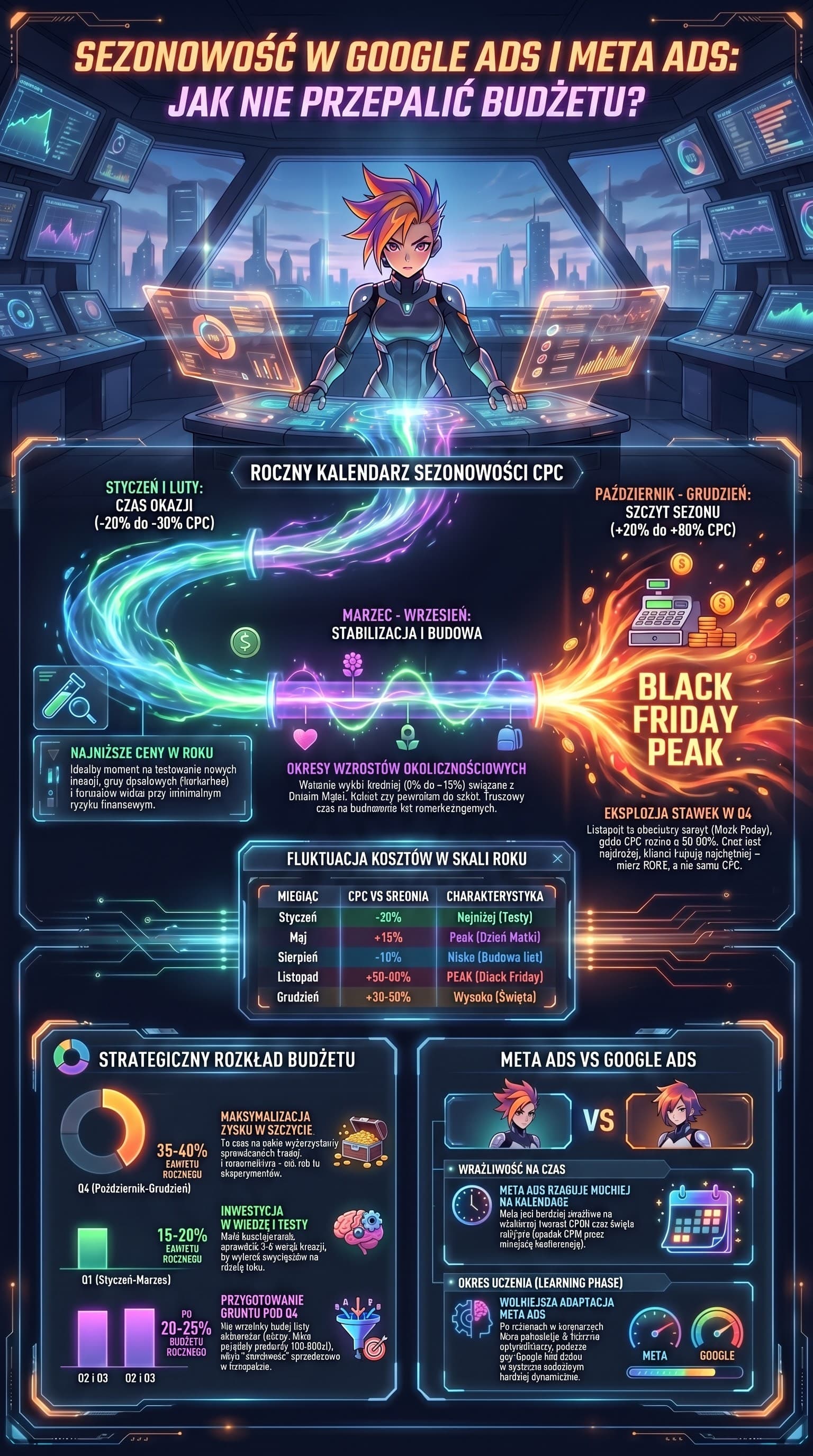 Infografika: Google Ads i Meta Ads — kiedy reklamowac w 2026? Sezonowosc kampanii
