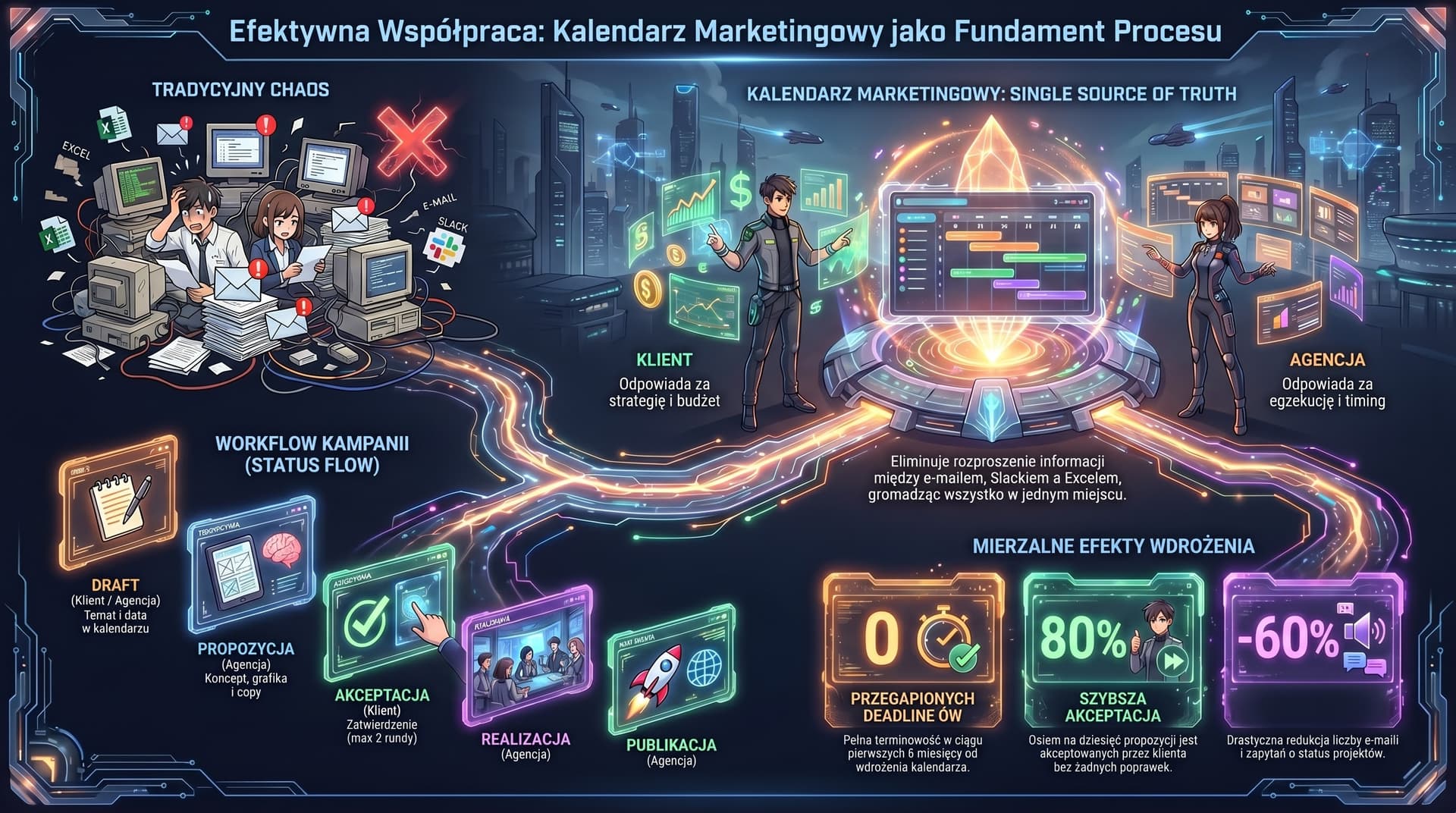 Infografika: Wspolpraca z agencja marketingowa — jak kalendarz eliminuje chaos
